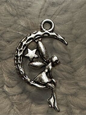Small Silver Fairy on Crescent Moon Charm